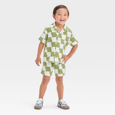 Grayson Mini Toddler Boys' Short Sleeve Wavy Check Printed Thermal Knit Shirt and Shorts Set - Green 12M | Target