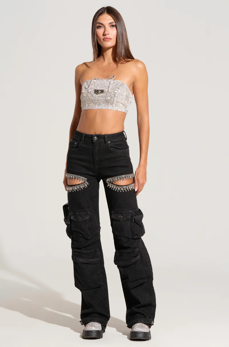 CALLING THE SHOTS CARGO DENIM WITH RHINESTONES IN BLACK | AKIRA
