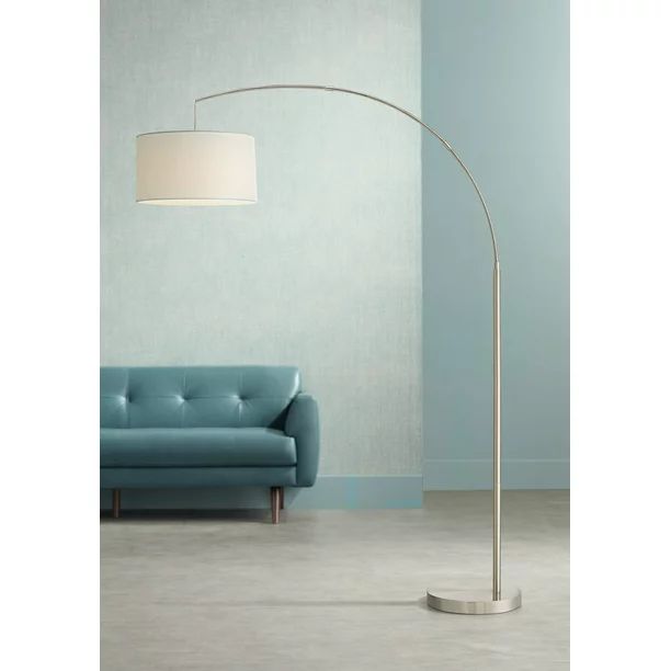 360 Lighting Modern Arc Floor Lamp Brushed Steel Off White Linen Drum Shade for Living Room Readi... | Walmart (US)