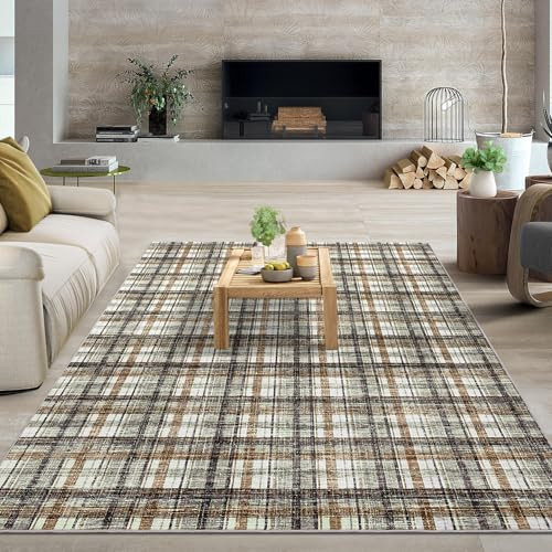 LUXLOOM Living Area Rug 8 x 10 Washable Modern Farmhouse Non Slip Throw Rugs Large Bedroom Rug Low Pile Soft Stain Resistant Carpet for Dining Room Nursery Office 8'x10' Celadon&Coffee | Amazon (US)
