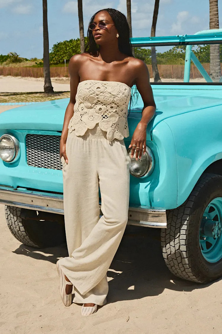 Hit the Breeze Beige Smocked Wide-Leg Pants | Lulus