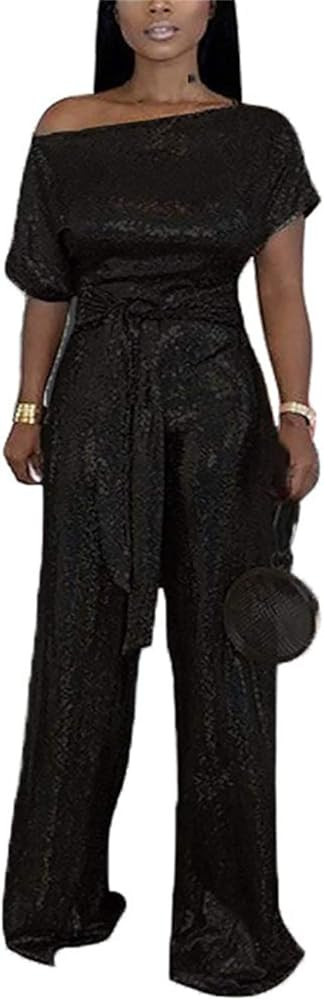 LKOUS Women's Evening Sparkly Jumpsuits Off Shoulder Short Sleeve Party Sequins Rompers High Waisted | Amazon (US)
