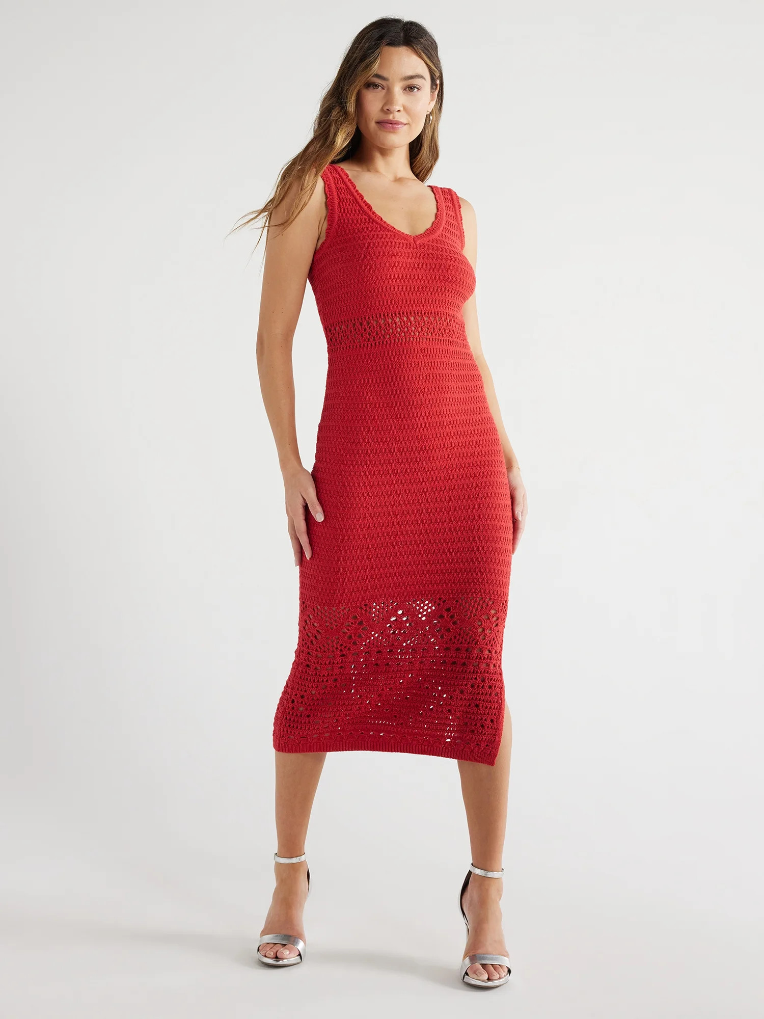 Sofia Jeans Women's Sleeveless V-Neck Crochet Sweater Dress, Mid Calf Length, Sizes XS-XXXL | Walmart (US)