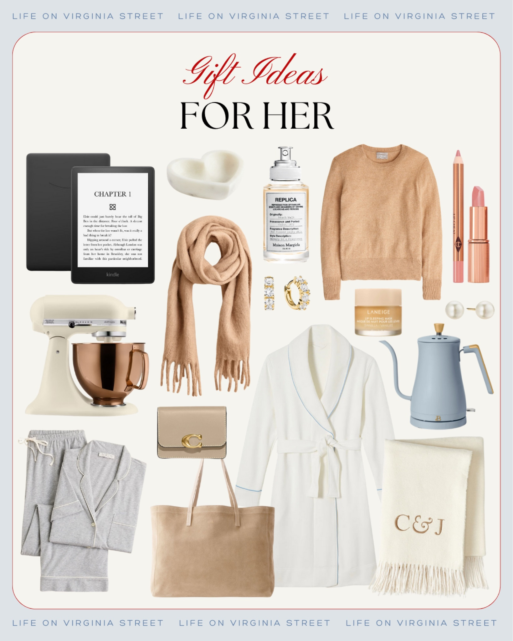 Gift ideas for her! If you looking for a gift idea for the ladies in your life, try one of these cashmere sweaters, cozy pajamas, e-reader, perfume, suede tote, huggie earrings, copper stand mixer, marble heart dish and more! See more gift ideas here: https://lifeonvirginiastreet.com/gift-ideas-for-nearly-everyone-on-your-list/ #ltkholiday #ltkhome #ltkgiftguide #ltkfindsunder50 #ltkfindsunder100 #ltkstyletip #ltkover40 #ltksalealert  

 

#LTKCyberWeek #LTKGiftGuide #LTKSaleAlert