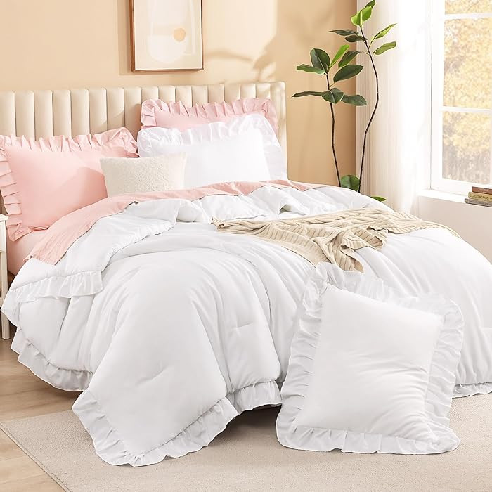 Litanika White Comforter Full Size Sets, 3 Pieces Ruffle Shabby Chic Farmhouse Women Vintage Aest... | Amazon (US)