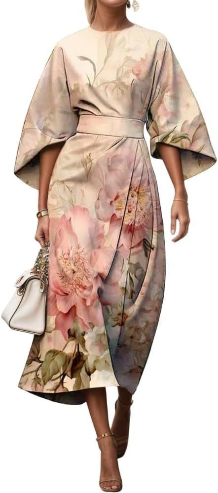 TIAFORD Women's Spring Summer Elegant Floral Print Empire Waist Dress Casual Cute Crew Neck Loose... | Amazon (US)