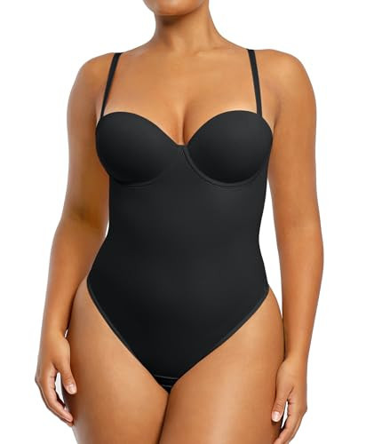 SHAPELLX Shapewear Bodysuit Tummy Control Body Shaper Removable Straps Low Back Shapewear with Built-in Bra for Women (Black,Large) | Amazon (US)