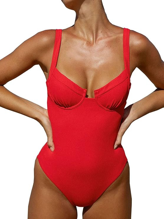 BERLOOK One Piece Swimsuit Women Tummy Control Ribbed Retro Bathing Suits Contrast Trim Knotted S... | Amazon (US)
