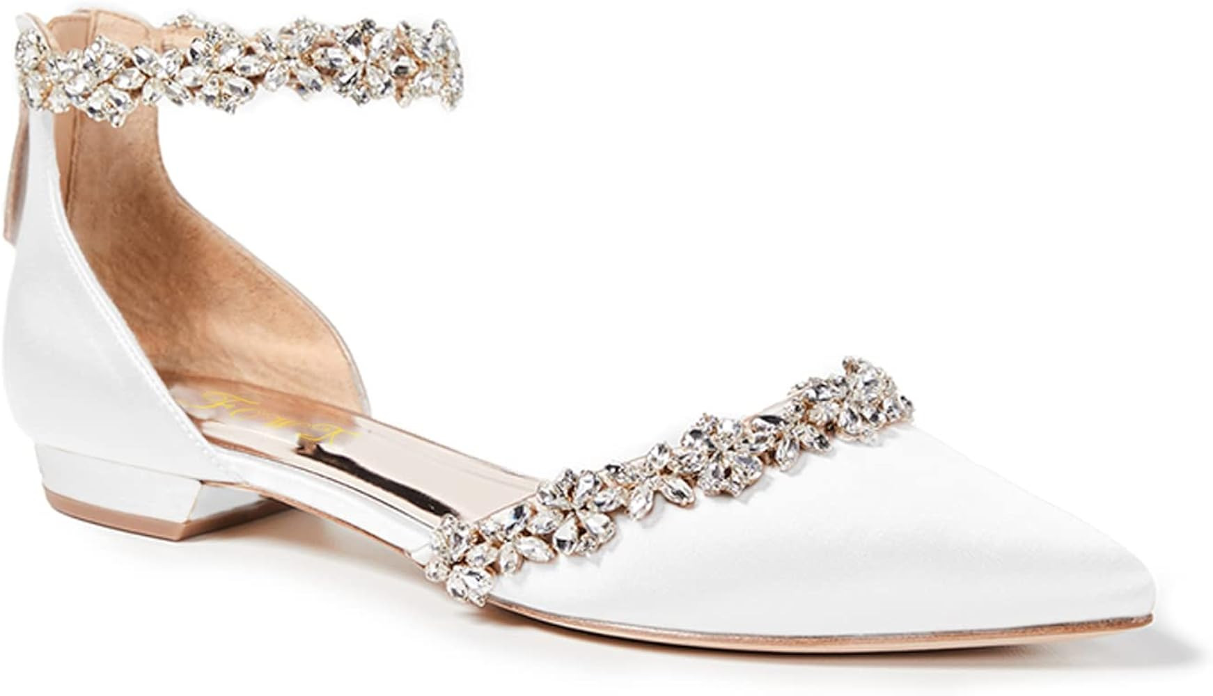 Amazon.com | FOWT Elegant Satin Crystal Strap Back Zipper D'Orsay White Flats for Women Casual Cl... | Amazon (US)