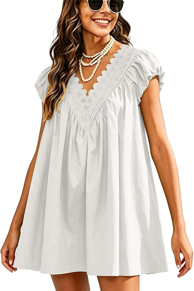 Womens Babydoll Mini Short Dress V Neck Puff Sleeve A Line Boho Scalloped Loose Beach Sundress wi... | Amazon (US)