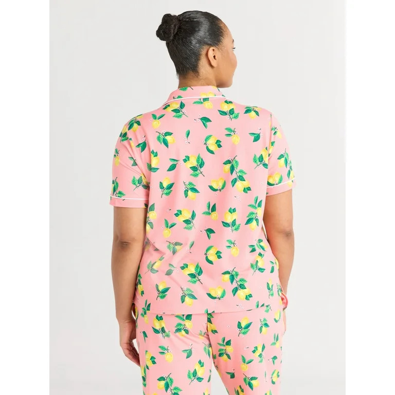 Joyspun Women's Notch Collar Short Sleeve Knit Top & Capri Pajama Set, 2-Piece, Sizes XS-3X | Walmart (US)