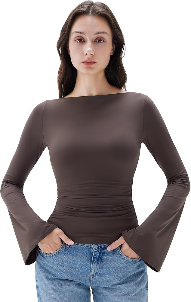 SUUKSESS Women Crew Neck Bell Sleeve Tops Double Lined Going Out Fitted Basic T Shirts | Amazon (US)