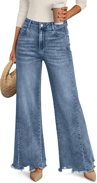 Trendy Queen Women's Wide Leg Jeans Stretchy High Waisted Straight Leg with Raw Hem Baggy Denim P... | Amazon (US)