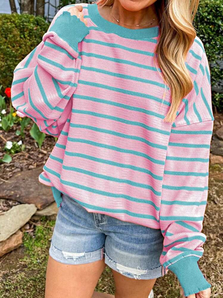 Boho Retro Vintage Viscose 90's  Pink Stripe Knit  Drop Shoulder Blue  Puff Bishop Sleeve  Sweate... | SHEIN