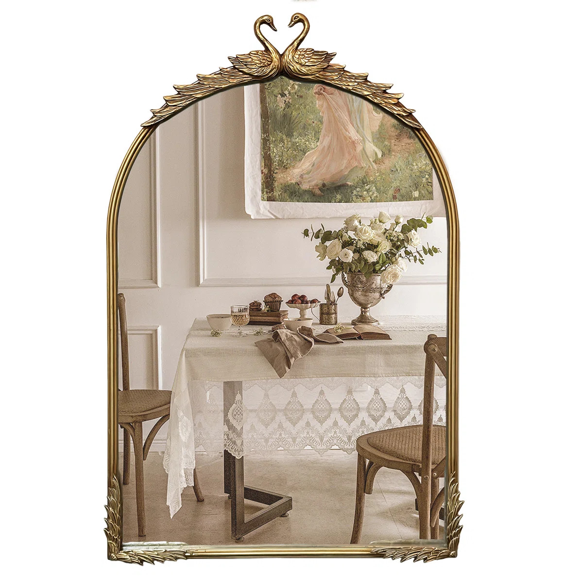 Antique Gold Arched Metal Wall Mirror with Double Swan Sculpture, Vintage Decorative Mirror for B... | Wayfair North America