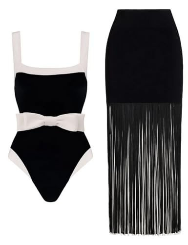FLAXMAKER Bow Belted Black and White One Piece Swimsuit and Tassel Skirt (US, Alpha, Medium, Regular, Regular, Swimsuit and Tassel Skirt) | Amazon (US)