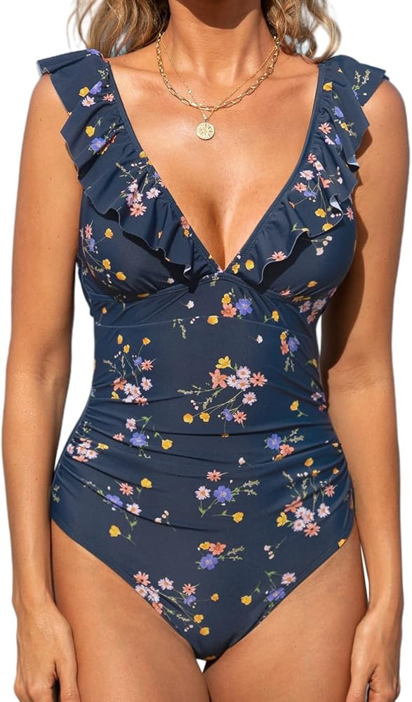 CUPSHE Women's Ruffled One Piece Swimsuit V Neck Lace Up | Amazon (US)