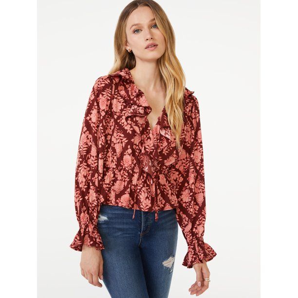 Scoop Women's Long Sleeve Ruffle Blouse - Walmart.com | Walmart (US)