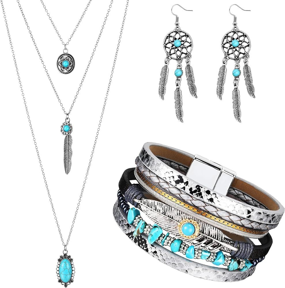 3 Pieces Bohemian Turquoise Set Women Western Jewelry Turquoise Pendant Necklace Western Turquois... | Amazon (US)