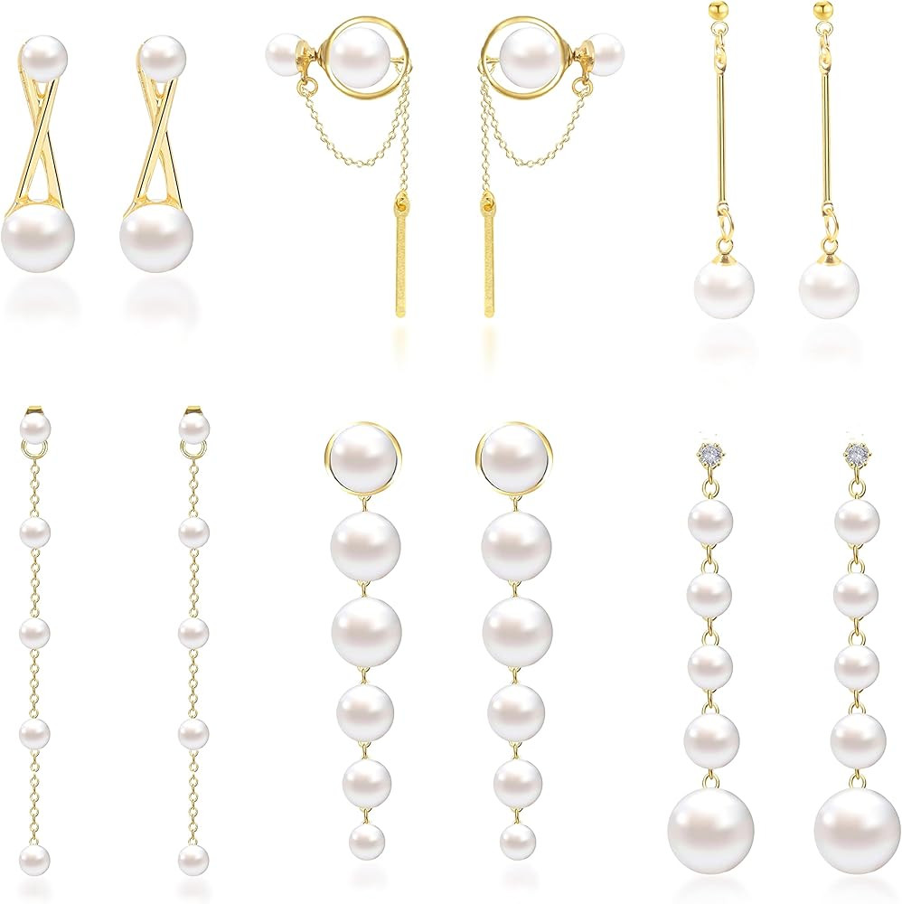 6 Pairs Long Pearl Earrings for Women Mother of Pearl Earrings for Girls Pearl Drop Earrings Frin... | Amazon (US)
