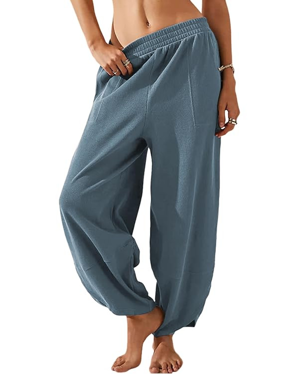 Springrain Womens Baggy Wide Leg Pants Cotton Elastic Waisted Loose Palazzo Harem Pants with Pock... | Amazon (US)