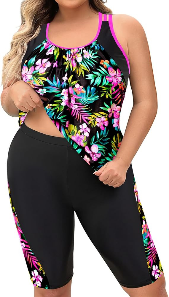 Daci Women Plus Size Tankini Swimsuit - Tummy Control 2 Piece Bathing Suit with High Waisted Capr... | Amazon (US)
