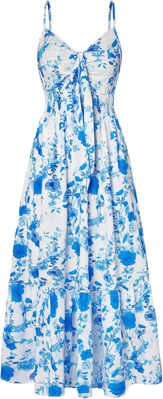 GRACE KARIN Women's 2026 Summer Maxi Dress Floral Tie Front Spaghetti Strap Casual Boho Beach Flo... | Amazon (US)