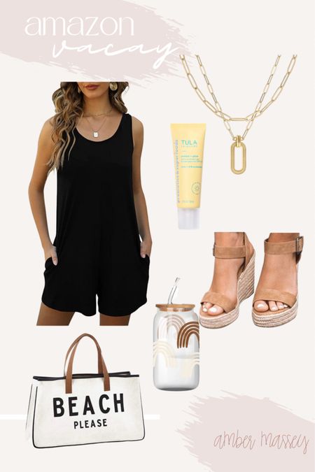 Vacation Mode On. Simple relaxed look for Amazon for your next vacation. This romper comes in multiple colors and would make a great coverup. 
Found on Amazon | dupes | beach outfit | beach bag | sandals | wedges 

#LTKunder50 #LTKSeasonal #LTKstyletip