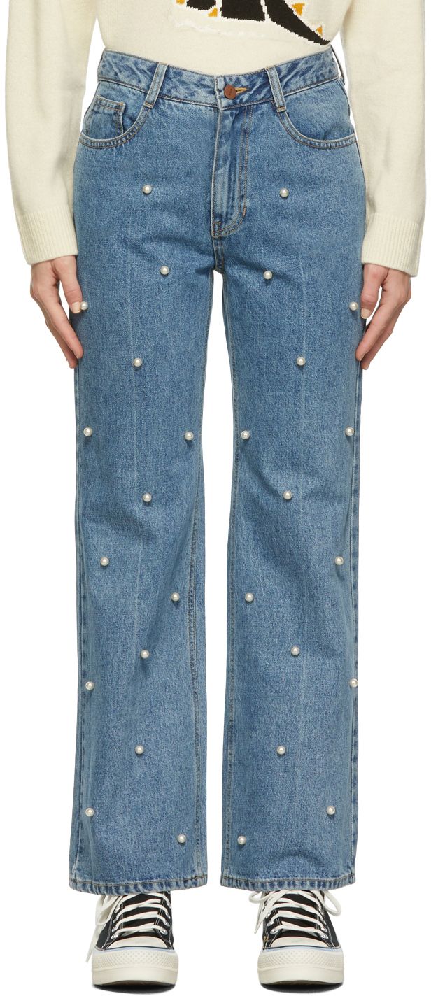 Blue Faux-Pearl Detail Jeans | SSENSE