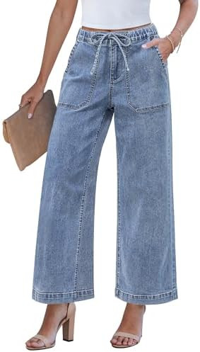GRAPENT Wide Leg Jeans for Women Trendy High Waisted Drawstring Tie Elastic Waist Stretchy Denim ... | Amazon (US)