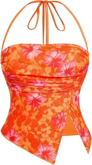 Milumia Women's Floral Mesh Camisoles Boho Ruched Asymmetrical Hem Halter Tops | Amazon (US)