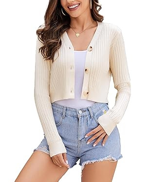 Women's Long Sleeve Cropped Cardigan Sweaters V Neck Solid Button Down Knit Bolero Shrugs | Amazon (US)