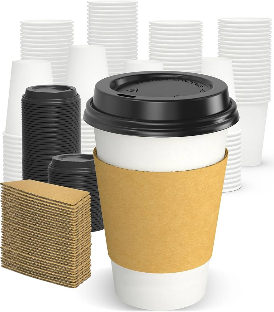 100 Pack 12 oz Disposable Coffee Cups with Lids and Sleeves, Sturdy Thick Paper & Leak-free Insul... | Amazon (US)