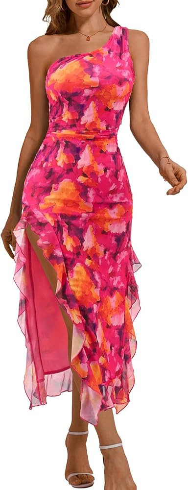 DRESSTELLS Women Formal Wedding Guest Long Cocktail Party One Shoulder Mesh Ruched Bodycon Maxi R... | Amazon (US)