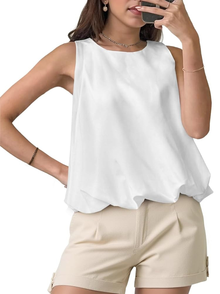 Cicy Bell Womens Silk Satin Cropped Tank Tops Bubble Hem Summer Trendy Sleeveless Shirts Crew Nec... | Amazon (US)