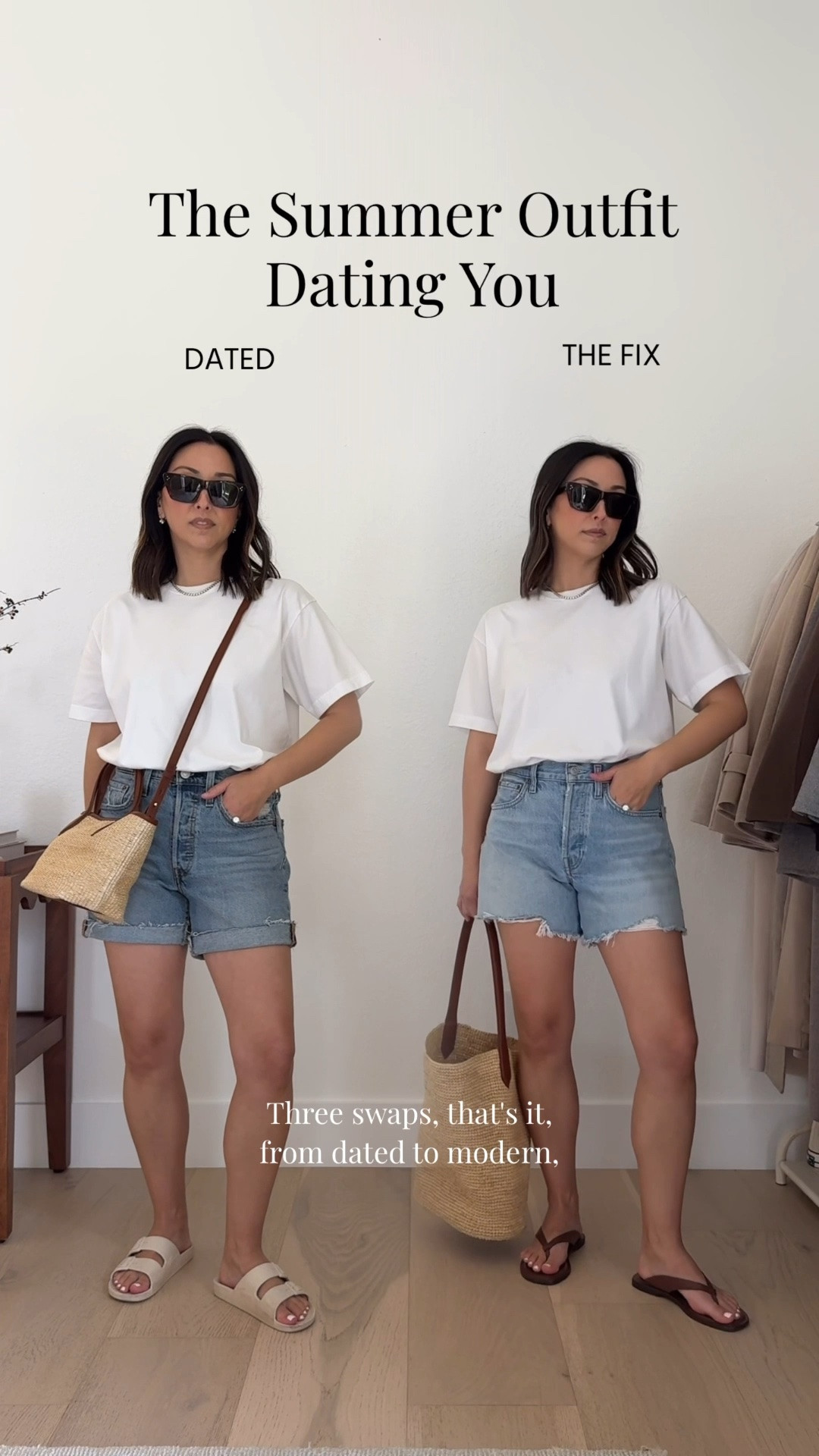 3 updates to go from dated to modern with a simple summer outfit. 

Updated outfit
Madewell tee xs
Agolde Parker shorts 25 - size up
J.crew bag
Everlane sandals 5
Celine sunglasses
Dorsey James necklace 15”
Electric picks earrings

#LTKgrwm #LTKmomlife #LTKPetite