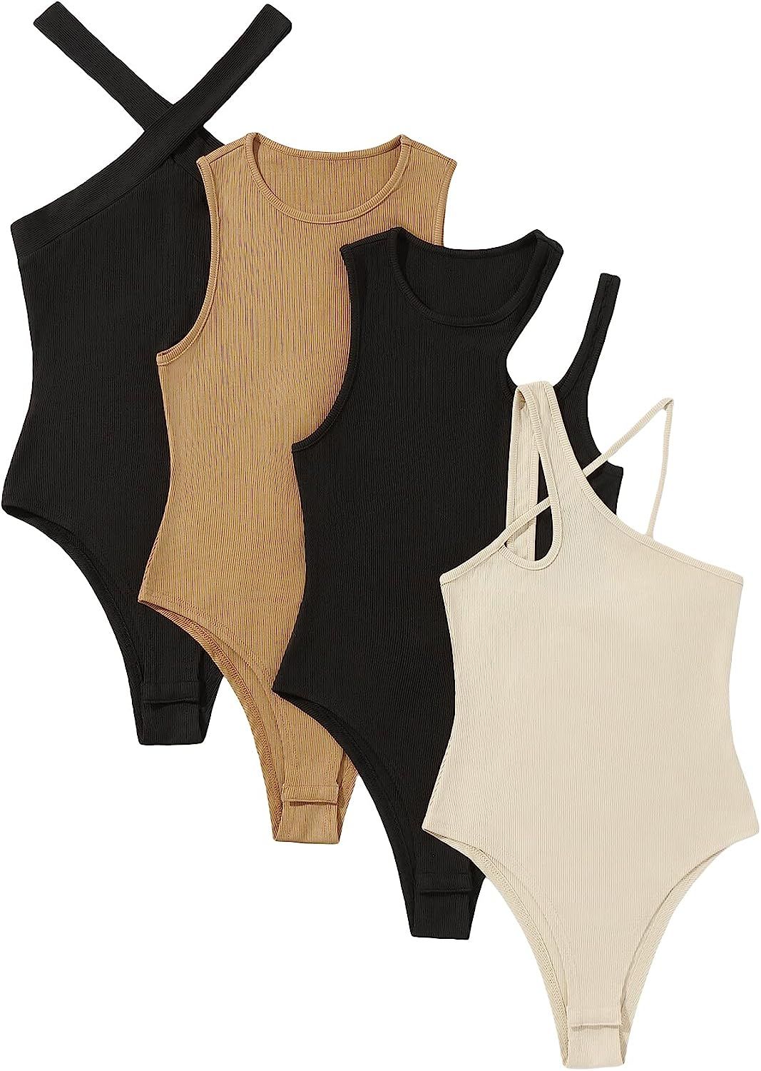 WDIRARA Women's 4 Pieces Cutout Crisscross Asymmetrical Rib Knit Skinny Bodysuit Multicolored M a... | Amazon (US)