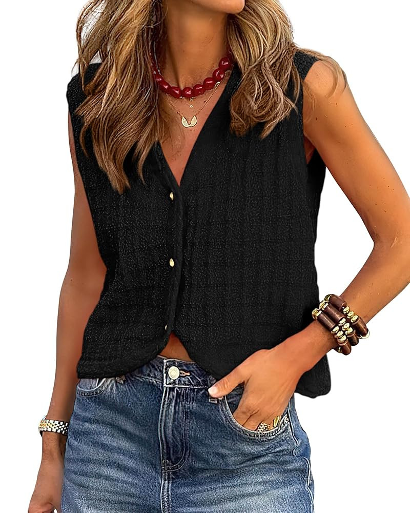 BTFBM Summer Sweater Vest for Women 2025 Sleeveless V Neck Button Up Cardigan Waffle Knit Tank To... | Amazon (US)