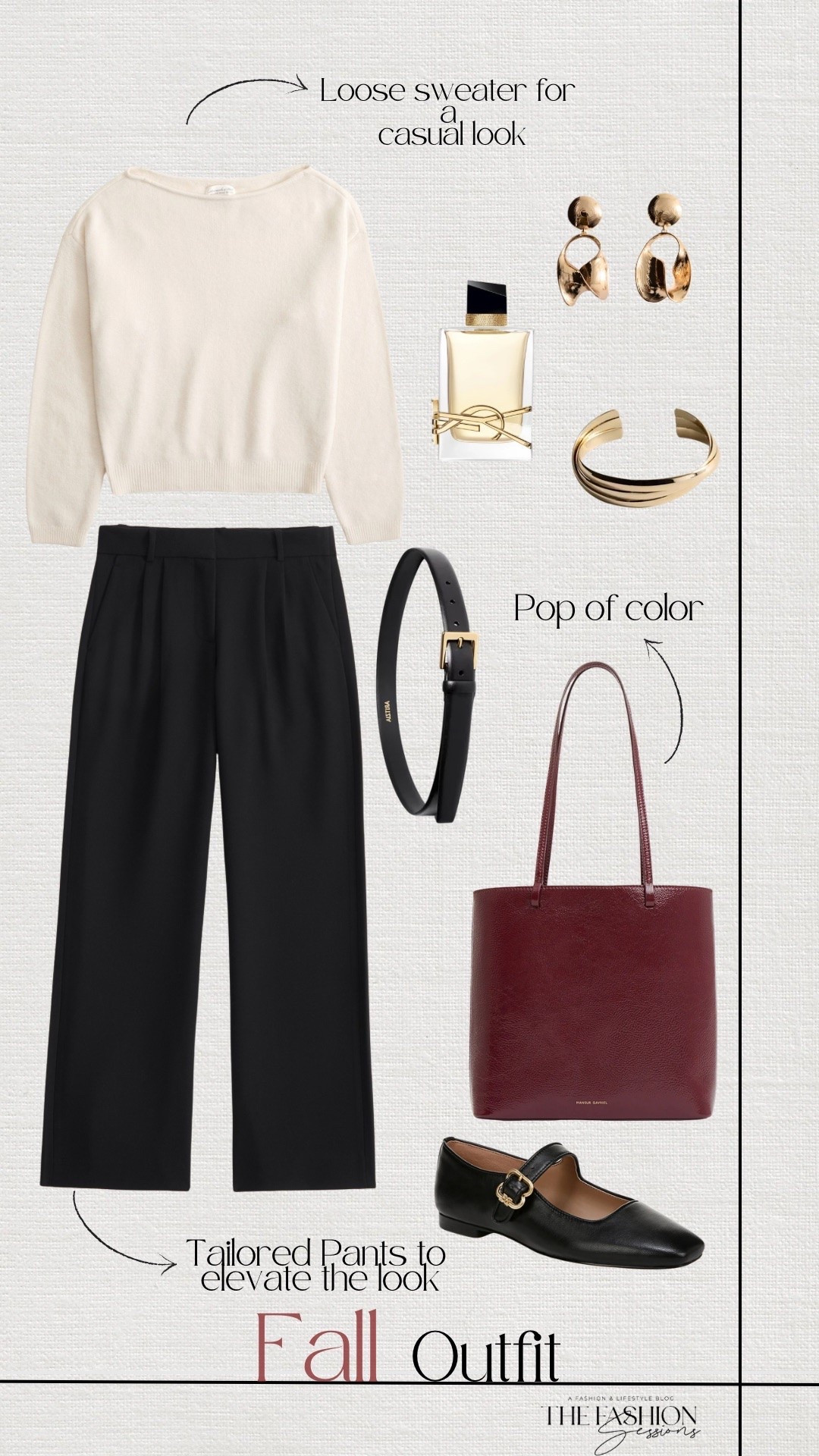 Fall outfit idea | A slouchy cream sweater with black tailored trousers is a simple, easy look. The burgundy tote adds the perfect fall pop of color, and Mary Jane flats and gold jewelry finish it off. Good for the office, errands, or dinner.

#LTKSeasonal #LTKootd #LTKgrwm
