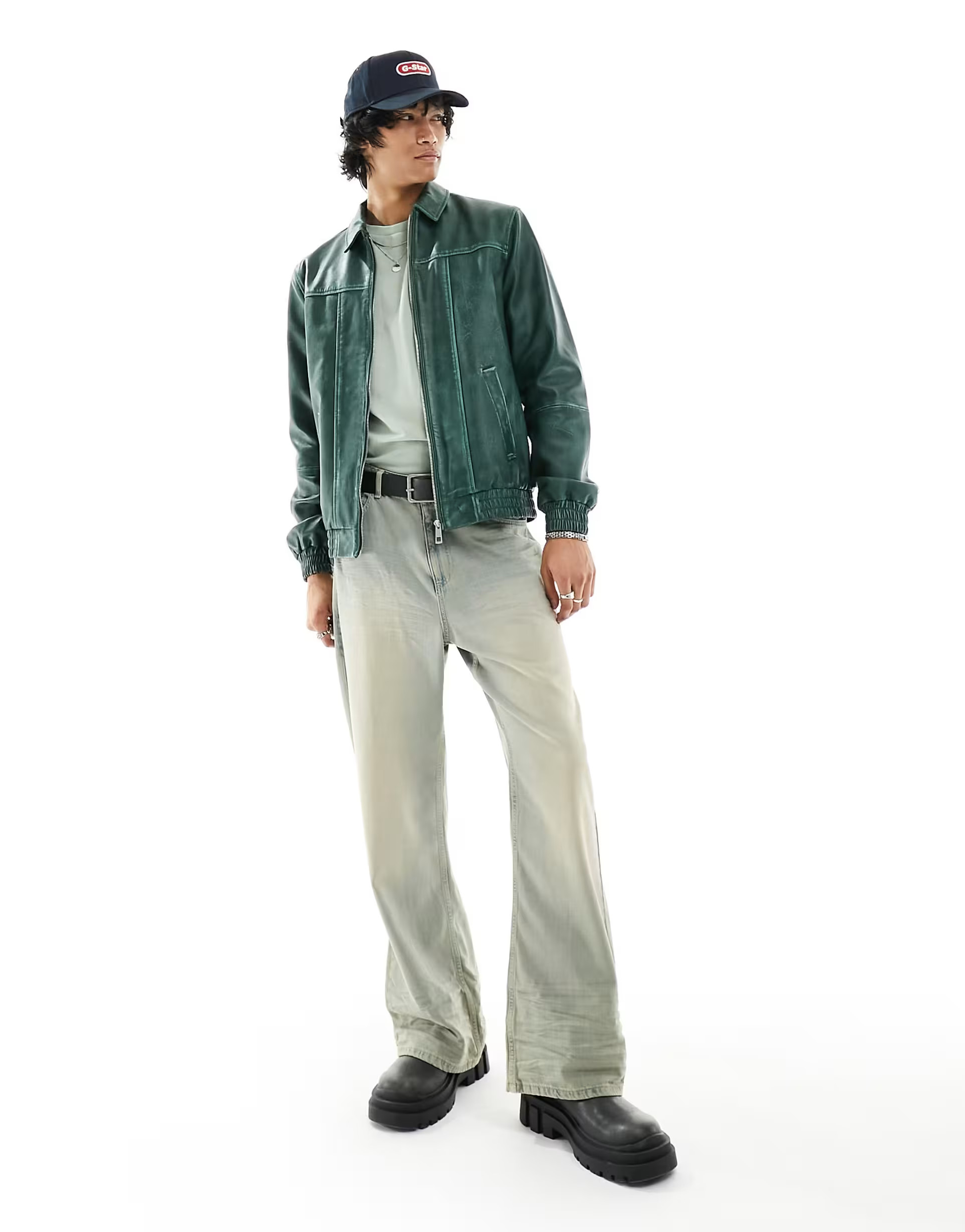 ASOS DESIGN real leather oversized distressed bomber jacket with seam detail in green | ASOS (Global)