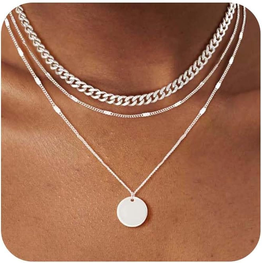 Layered Gold Silver Necklaces for Women, Stackable Stack 14K Real Gold Plated Silver Chain Neckla... | Amazon (US)