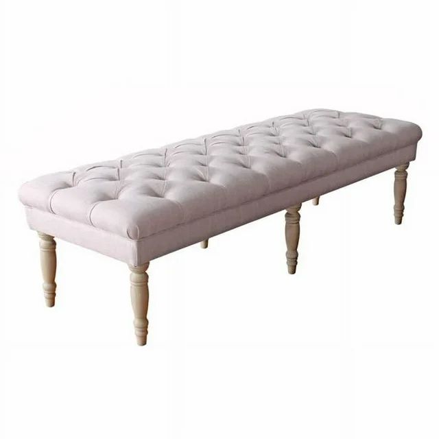 Benzara BM195186 Wooden Bench with Button Tufted Fabric Upholstered Seat & Turned Legs - Cream - ... | Walmart (US)