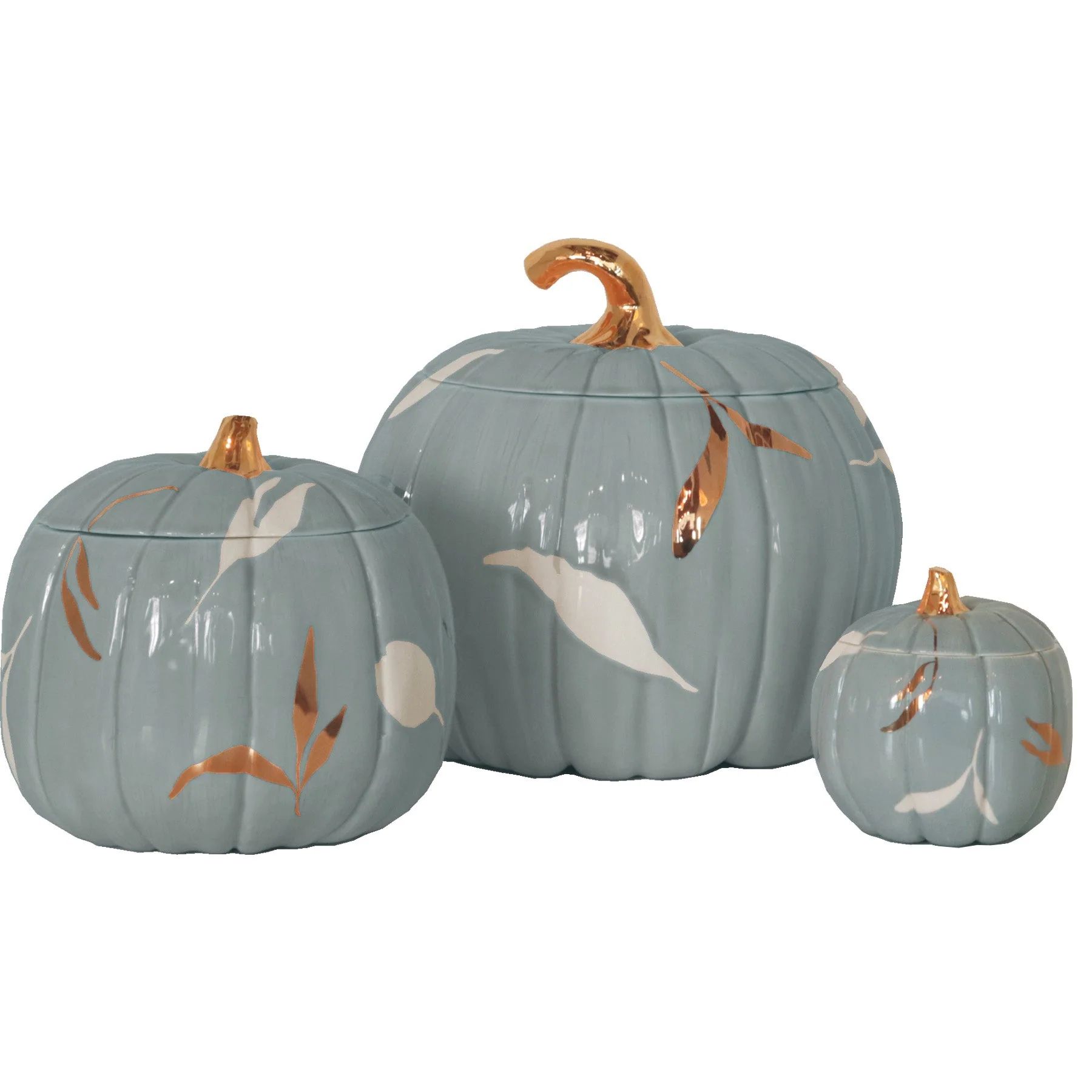 Layered Leaves Pumpkin Jars with 22K Gold Accents in Lamb's Ear Blue | Ruby Clay Company