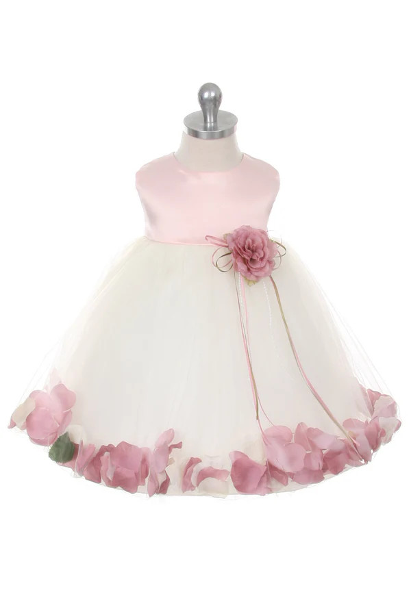 Dusty Rose Satin Flower Petal Baby Dress | Kid's Dream