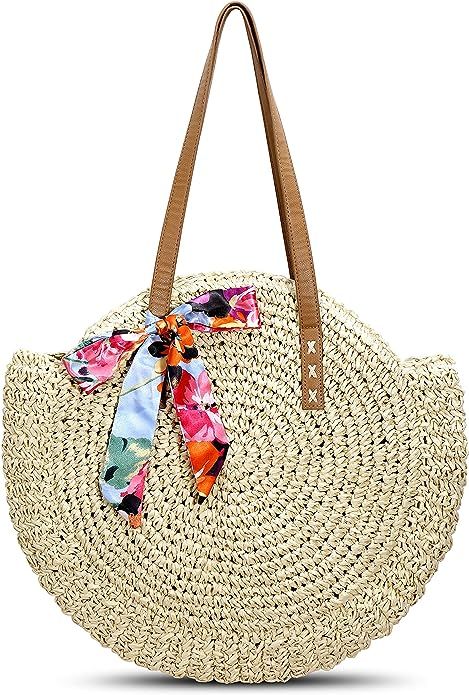 Beach Straw Bag Round Woven Zippered Shoulder Bag Large Circle Tote Crossbody Bags for Women Vaca... | Amazon (US)