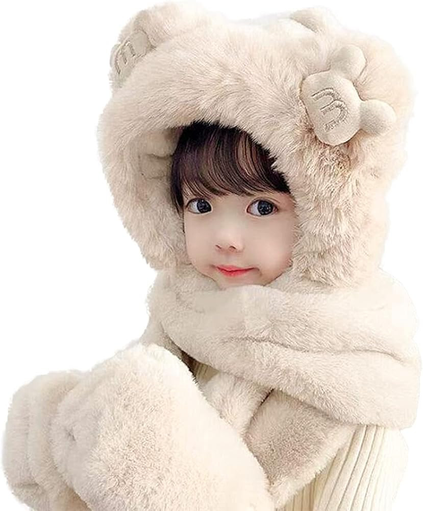 Kids Winter Hat Scarf Mittens 3 in 1 Hat Faux Fur Hat Hooded Scarf Earflap Cap Neck Warmer Ski Ha... | Amazon (US)