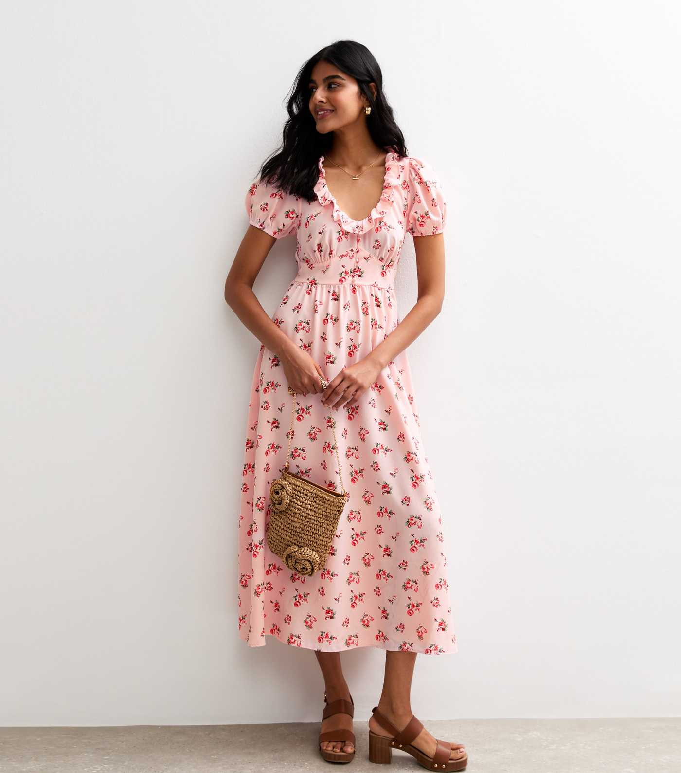 Pink Floral Print Ruffle Trim Midi Tea Dress | New Look | New Look (UK)