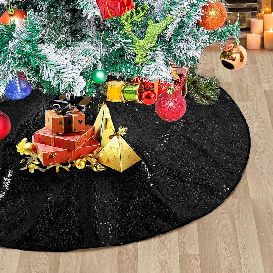Black Christmas Tree Skirt 36Inch Small Tree Skirt Black Glitter Sequin Tree Skirt for Xmas Decor... | Amazon (US)