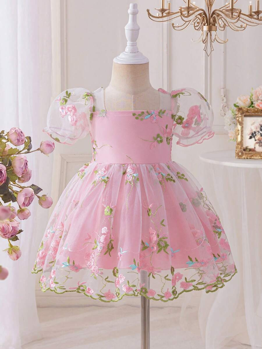 SHEIN Baby Girl Infant Toddler 0-3Y Elegant Princess Floral Mesh Puff Sleeve Pink Dress, Spring/S... | SHEIN