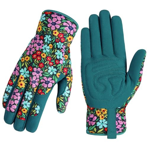 Garden Gloves for Women - Breathable leather Floral Gardening Gloves with Grip, Thorn-Proof Puncture-Resistant Work Gloves for Weeding, Digging, Planting, Raking and Pruning, Green - Purple Flower | Amazon (US)